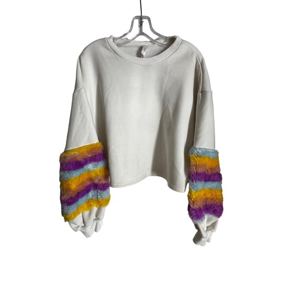 Colorful Faux Fur Sleeve Sweatshirt By Blue Blush medium Furry Unicorn Rainbow - Picture 1 of 8